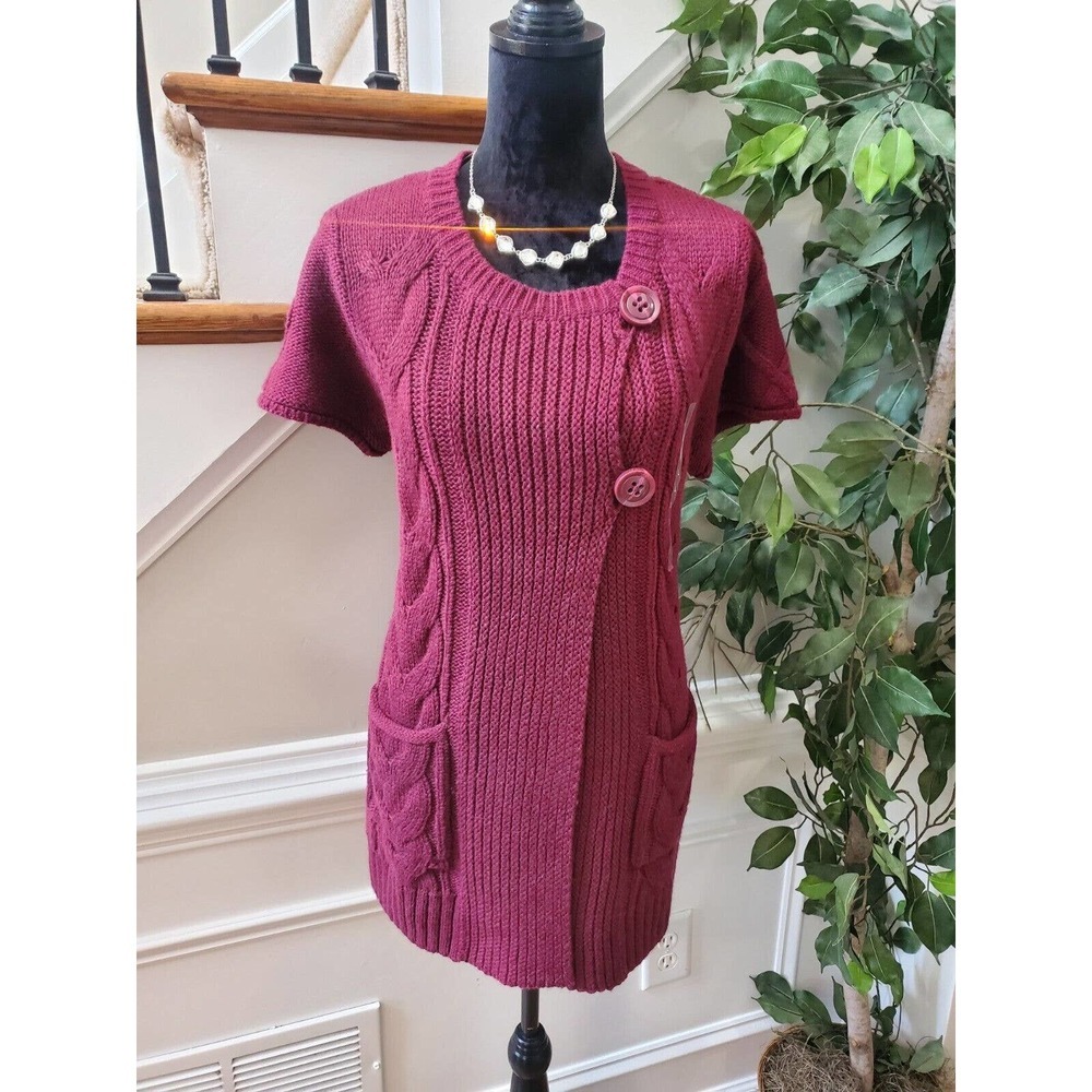 Jones New York Women's Maroon Acrylic Short Sleeve Knit Cardigan Sweater Size L
